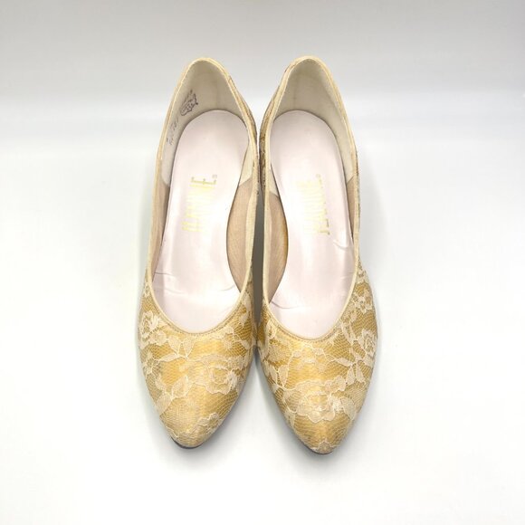 Vintage‎ Cream Lace Over Gold Cottagecore Kitten Heels Pumps Shoes - Picture 2 of 14
